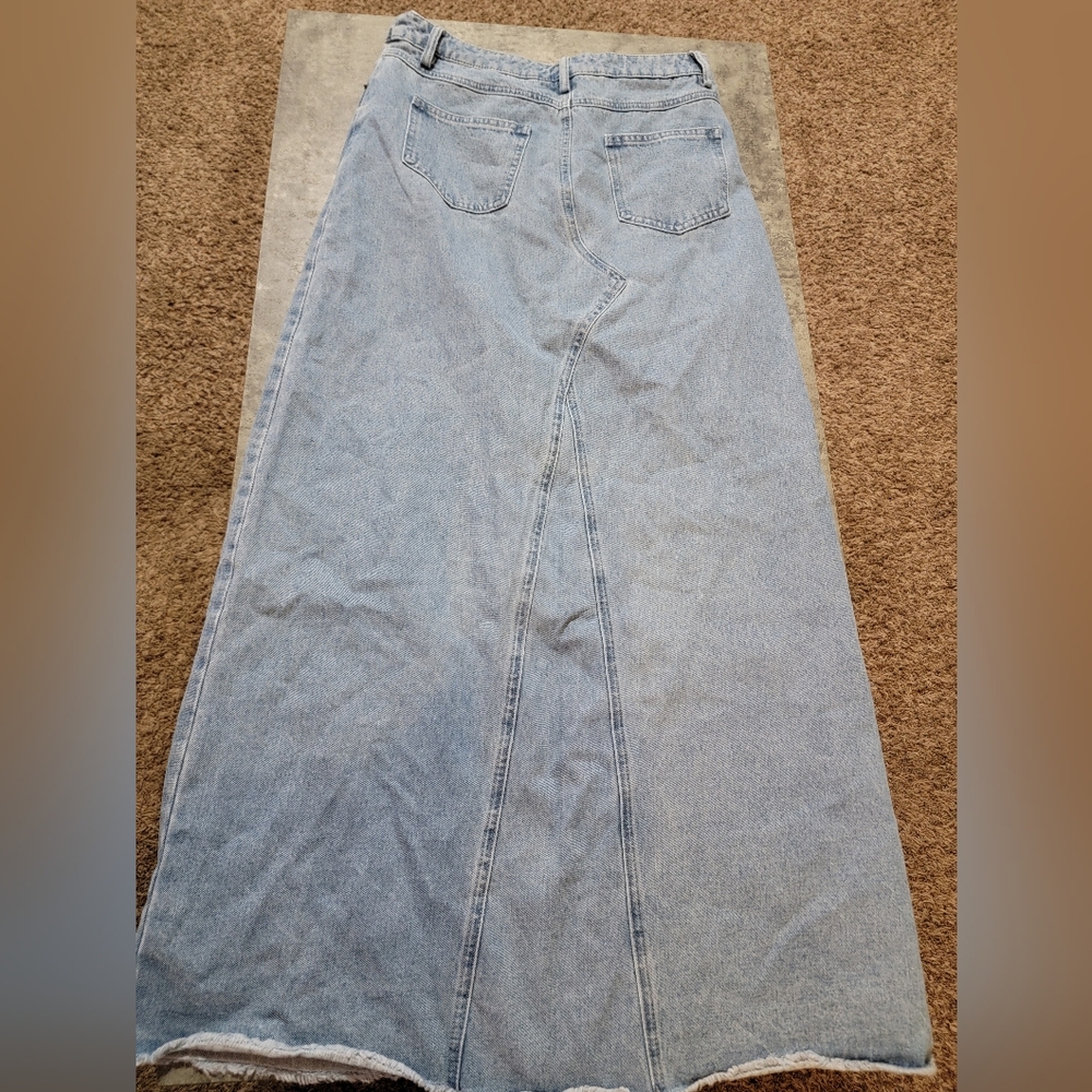 Dressed in LALA NWT Denim Maxi Skirt Light Wash Front Slit Asymmetric Waist - Picture 5 of 8